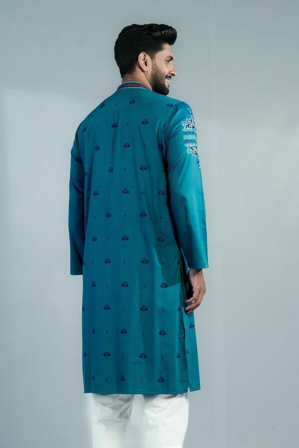 Teal Blue Cotton Printed Panjabi - Image 3